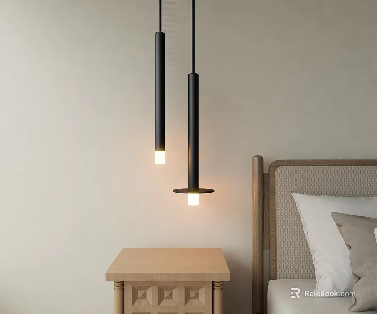 Modern Bedroom Interior With Black Pendant Lights Wooden Headboard And Bedside Table 3d model 