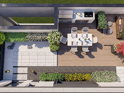 Rooftop Garden Design With Outdoor Dining Table Chairs Wooden Deck And Lush Greenery 3d model