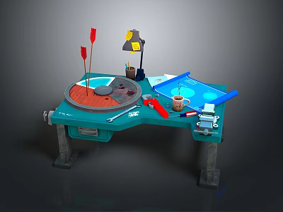 Teal L Shaped Workbench With Tools Paint Palette And Desk Lamp 3d model