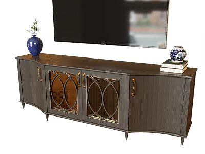 Elegant Wooden TV Stand with Glass Doors Golden Handles Blue Vase and Books 3d model