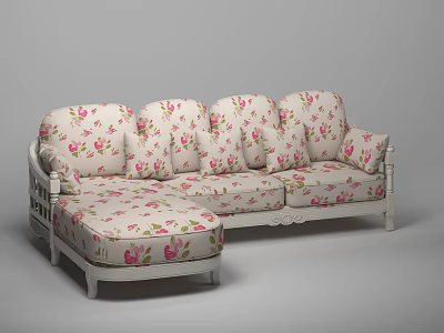 Floral Upholstered Sectional Sofa With White Wooden Frame And Chaise Lounge 3d model