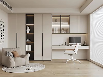 Modern Home Office Interior With Wooden Desk Ergonomic Chair Bookshelf And Natural Light 3d model