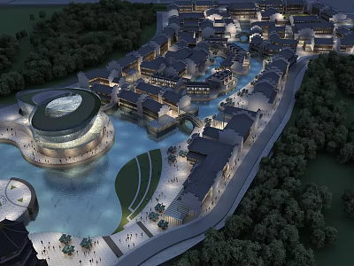 Ancient Architecture Complex With Traditional Roofs Rivers Bridges And Green Surroundings 3d model