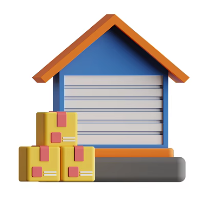 Urban Building Structure With Blue Roof Orange Frame And Stacked Yellow Boxes 3d model