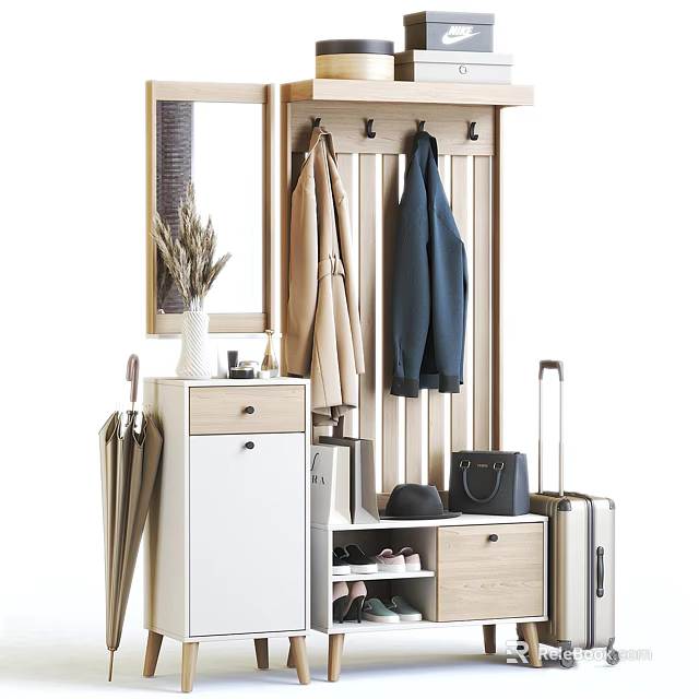 Multifunctional Wardrobe With Hanging Rod Drawers Mirror Shoe Storage And Bag Holder 3d model 