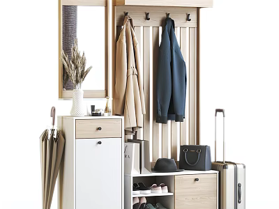Multifunctional Wardrobe With Hanging Rod Drawers Mirror Shoe Storage And Bag Holder 3d model