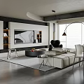 Modern Living and Dining Room Interior With Open Concept Sofa Coffee Table And Large Windows