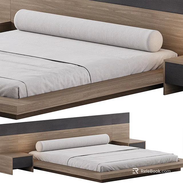 Modern Double Bed With Wooden Frame White Mattress And Simple Headboard Design 3d model 