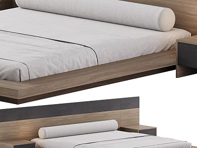 Modern Double Bed With Wooden Frame White Mattress And Simple Headboard Design 3d model