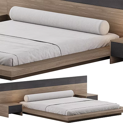 Modern Double Bed With Wooden Frame White Mattress And Simple Headboard Design 3d model
