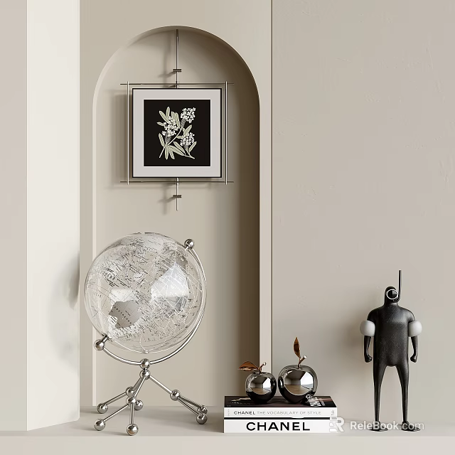 Modern Minimalist Decorative Ornament Set with Transparent Globe Black Figurine Metal Ornaments and Wall Art 3d model 
