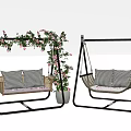 Outdoor Garden Hanging Chair with Black Frame Checkered Cushions and Red Flower Vines