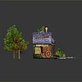 Small House Scene With Blue Roof Chimney Trees And Wooden Fence