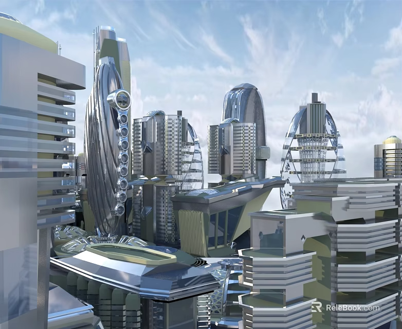 Futuristic Urban Aerial Planning Featuring Modern Unique Tall Glass Metal Buildings 3d model 