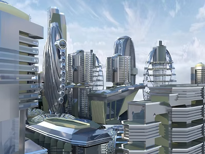 Futuristic Urban Aerial Planning Featuring Modern Unique Tall Glass Metal Buildings 3d model