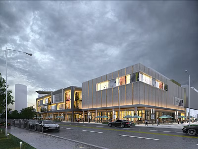 Modern Commercial Street Featuring Stylish Buildings Bright Storefronts And Pedestrian Area 3d model