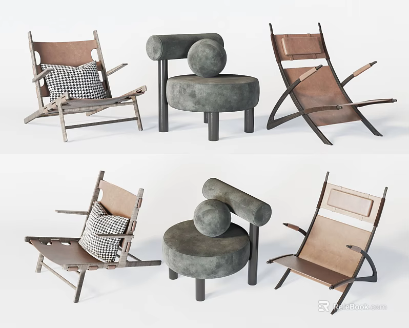 Modern Leisure Chairs With Wooden Frames Padded Seats Checkered Cushions And Round Ottoman 3d model 