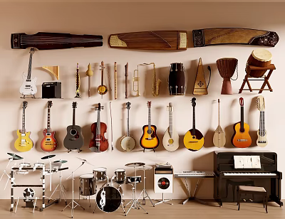 Musical Instruments Collection Display With Guitars Pianos Drums String And Percussion Instruments 3d model