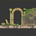 Ancient Scenic Landscape With Stone Pillars Arches Red Pedestals Green Vines And Sandy Ground
