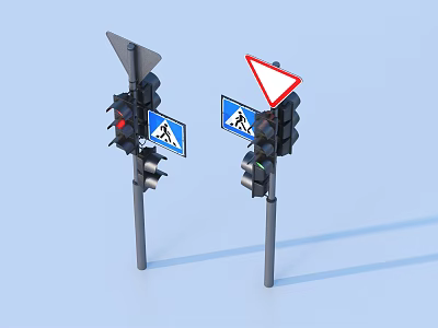Traffic Lights With Blue Zebra Crossing Signs And Triangular Warning Sign 3d model