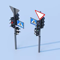 Traffic Lights With Blue Zebra Crossing Signs And Triangular Warning Sign 3d model