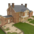 Historic Red Brick House With Two Chimneys Lawn White Fence Gate And Stone Lion Statues