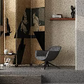 Modern Gray Accent Chair with Swivel Base and Side Table near Dog Pattern Wall Art