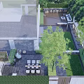 Tranquil Courtyard Garden with Green Lawn Stone Pathway and Outdoor Seating