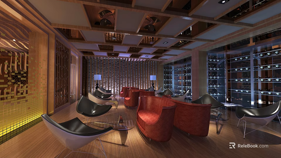 Modern Bar Interior With Red Leather Sofas Black Chairs And Wine Display Racks 3d model 