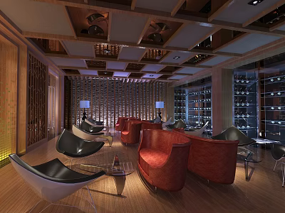 Modern Bar Interior With Red Leather Sofas Black Chairs And Wine Display Racks 3d model