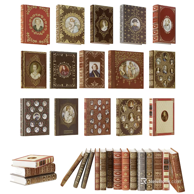 Vintage Book Collection With Ornate Covers And Illustrated Portraits 3d model 