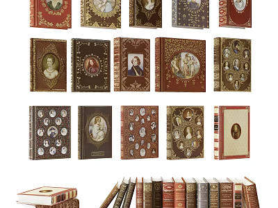 Vintage Book Collection With Ornate Covers And Illustrated Portraits 3d model