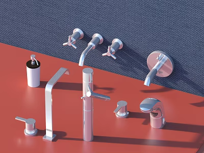 Various Modern Faucet Designs On Red Countertop With Blue Wall Background And Soap Dispenser 3d model