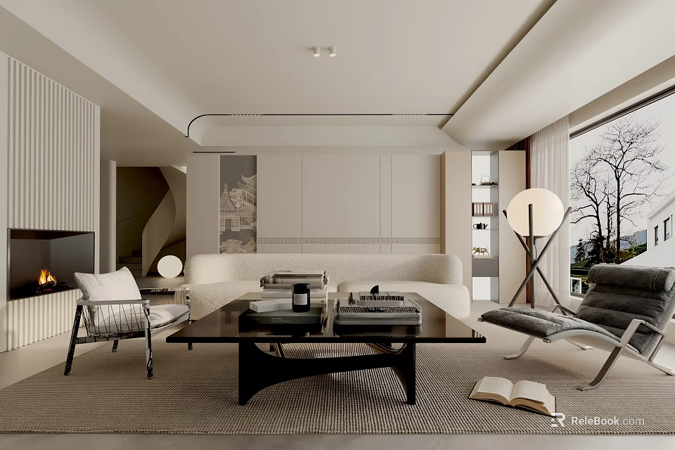 Modern Living Room Interior With White Sofa Black Coffee Table Fireplace And Armchairs 3d model 