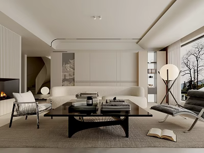 Modern Living Room Interior With White Sofa Black Coffee Table Fireplace And Armchairs 3d model
