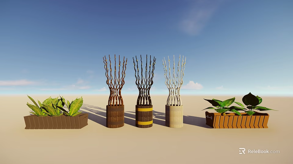 Bonsai Potted Plants In Decorative Planters With Twig Branches And Green Foliage 3d model 