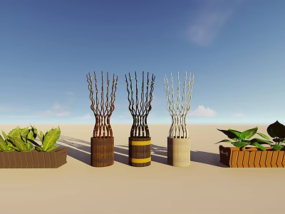 Bonsai Potted Plants In Decorative Planters With Twig Branches And Green Foliage 3d model