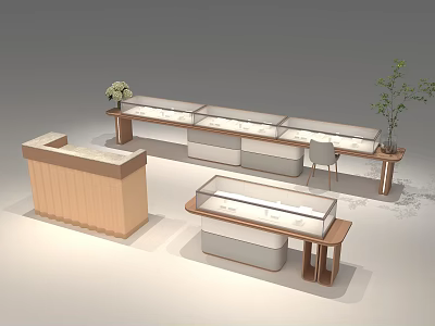Elegant Modern Jewelry Store Interior With Glass Display Counters And Green Plants 3d model