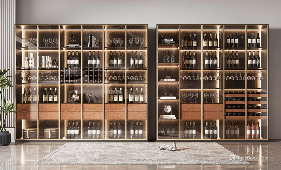 Elegant Modern Wine Cabinet With Glass Doors Holding Bottles And Glasses 3d model 