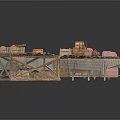 Scenic Outdoor Market with Wooden Stalls Clothing Barrels and Round Goods