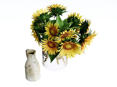 Floral Display Sunflowers in Transparent Vase with Ceramic Jug Decoration 3d model