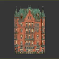 Vintage Multi Storey Residential Building With Red Exterior Walls And Green Roof Spires