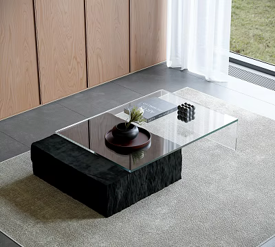 Modern Glass Top Coffee Table With Black Base Green Plant Book And Gray Carpet 3d model