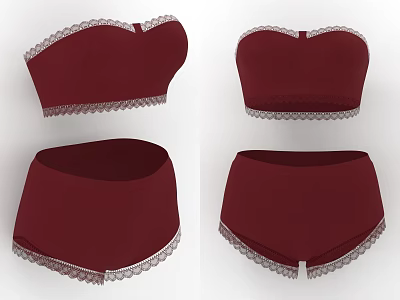 Stylish Burgundy Strapless Crop Tops With White Lace Trim And High Waisted Shorts 3d model