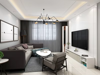 Modern Living Room Design With Gray Sofa Coffee Table TV Floor Lamp And Curtains 3d model