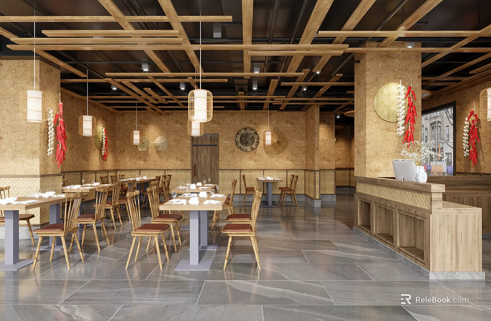 Traditional Chinese Restaurant Interior With Wooden Ceiling Hanging Lanterns Decorative Tables And Chairs 3d model 
