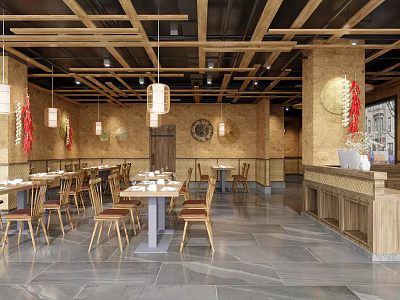 Traditional Chinese Restaurant Interior With Wooden Ceiling Hanging Lanterns Decorative Tables And Chairs 3d model