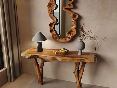 Rustic Wooden Console Table With Table Lamp Fruits Vase And Decorative Mirror 3d model