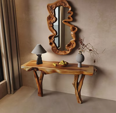 Rustic Wooden Console Table With Table Lamp Fruits Vase And Decorative Mirror 3d model