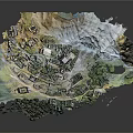Detailed 3D Mountain Terrain Model With Buildings Vegetation And Rocky Slopes